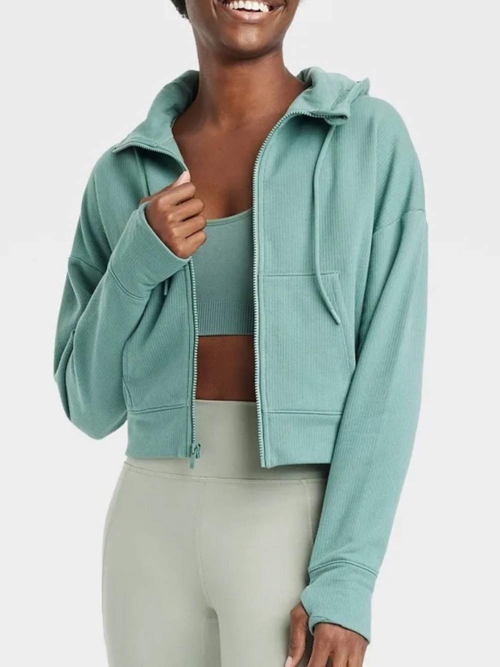 Green Ribbed Zip-Up Hoodie
